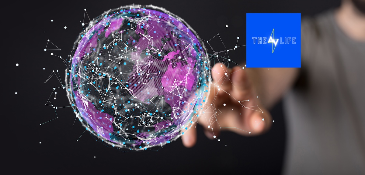 Blue AV Life logo with clear sphere with stars inside and a hand in the background