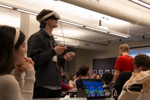 A student with a VR headset on.