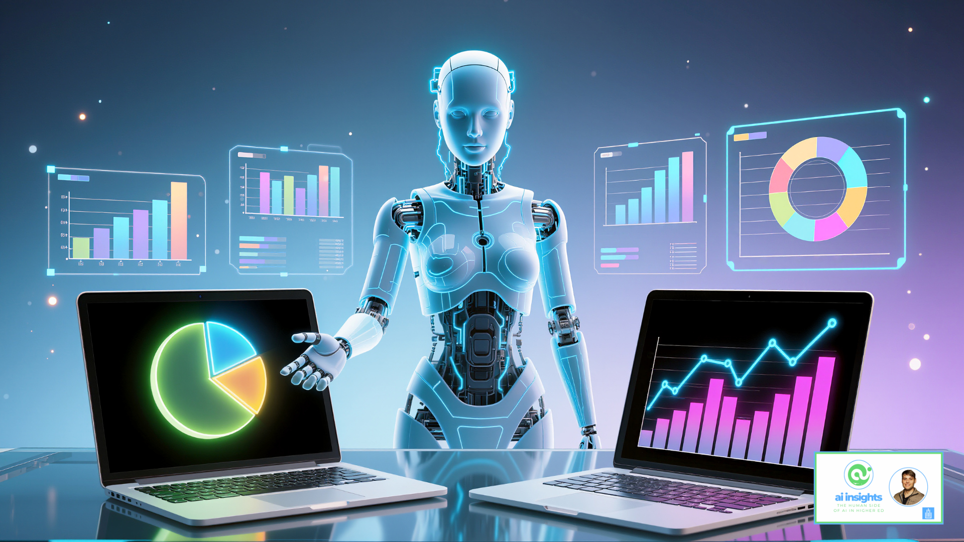 Robot and graphs with two laptops.