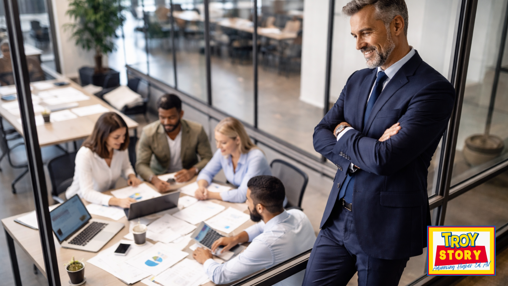 Manager looking down over a team.
