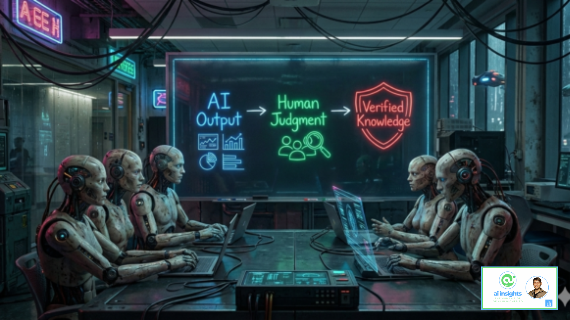 Robots on laptops with a blackboard