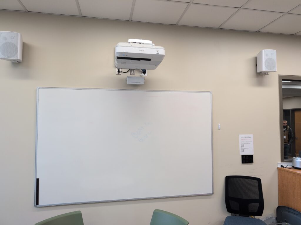 Short throw porjector, whiteboard, and two speakers