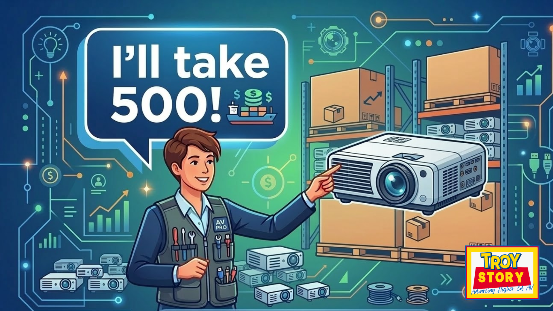Troy Story: A man saying he wants 500 projectors.