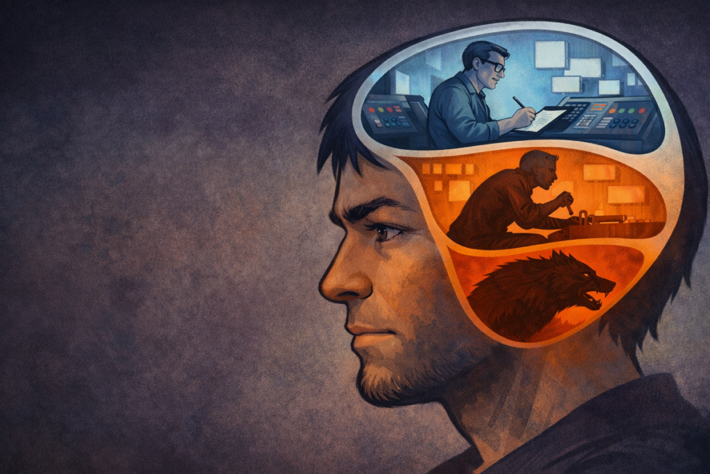 Illustration of a man in profile with the inside of his head divided into three symbolic layers of thought. The top section shows a calm, analytical figure seated at a control panel, writing and working under cool blue light. The middle section shows a tense, shadowed figure in orange light, suggesting emotional intensity or internal strain. The bottom section contains a snarling wolf silhouette in deep red, representing instinct or primal reaction. The image uses color, posture, and composition to suggest that reason, emotion, and instinct all operate within the same mind.
