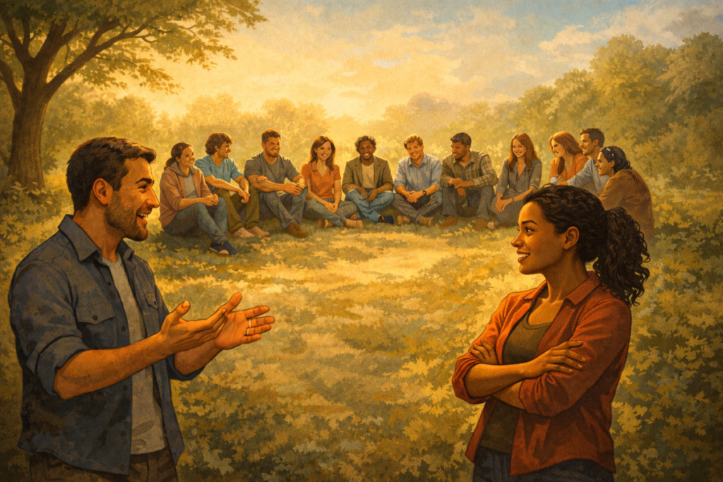 Illustration of a diverse group gathered outdoors in warm evening light, seated together in a loose circle that suggests connection, trust, and shared conversation. In the foreground, a man gestures as he speaks with a dark skinned woman who faces him with an open, engaged expression, while behind them a larger multiracial group sits together comfortably on the grass. The image emphasizes harmony, belonging, and community, using soft golden light and relaxed body language to suggest healthy dialogue and collective understanding.