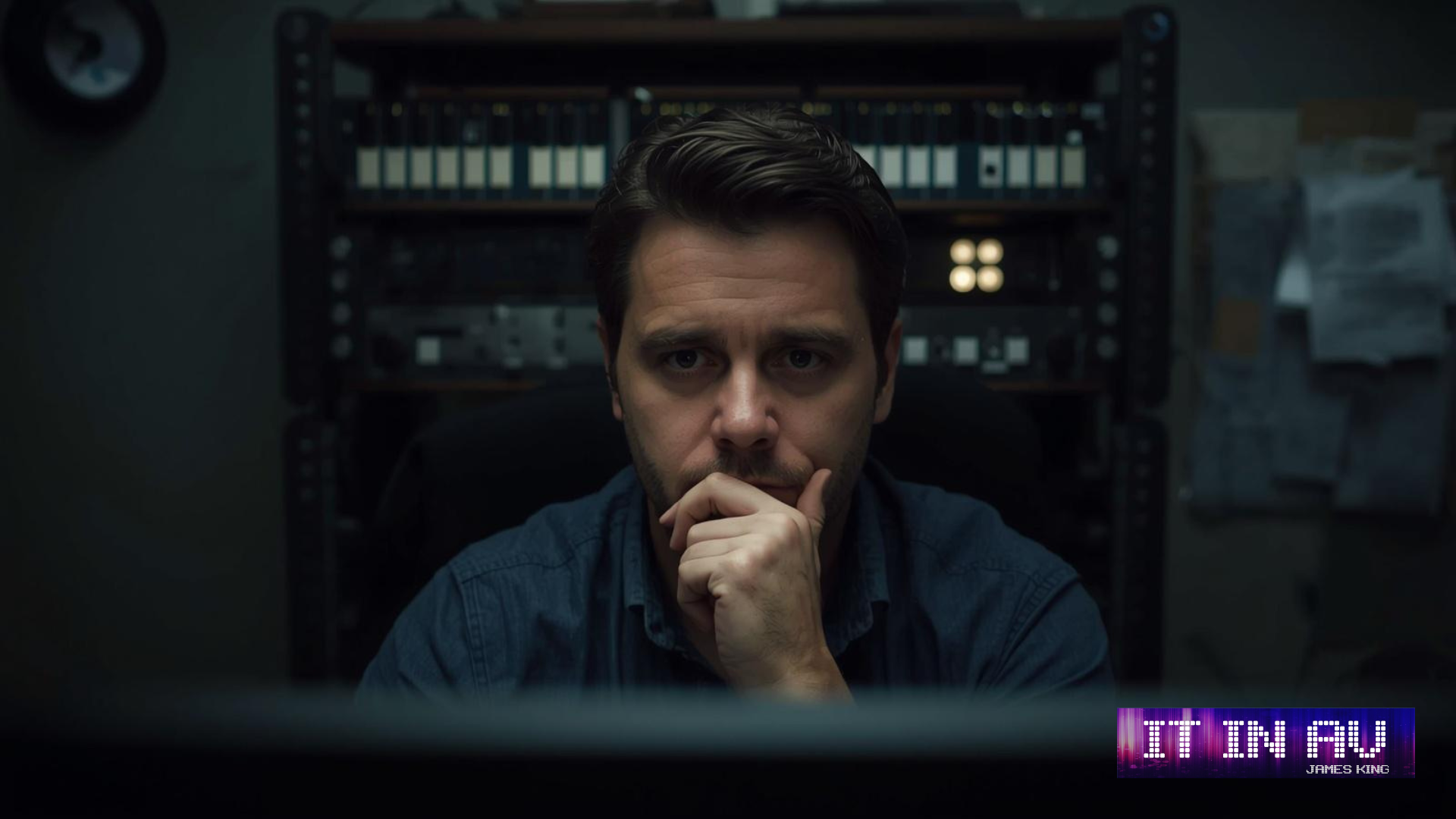 IT in AV - Man in thought with an AV rack