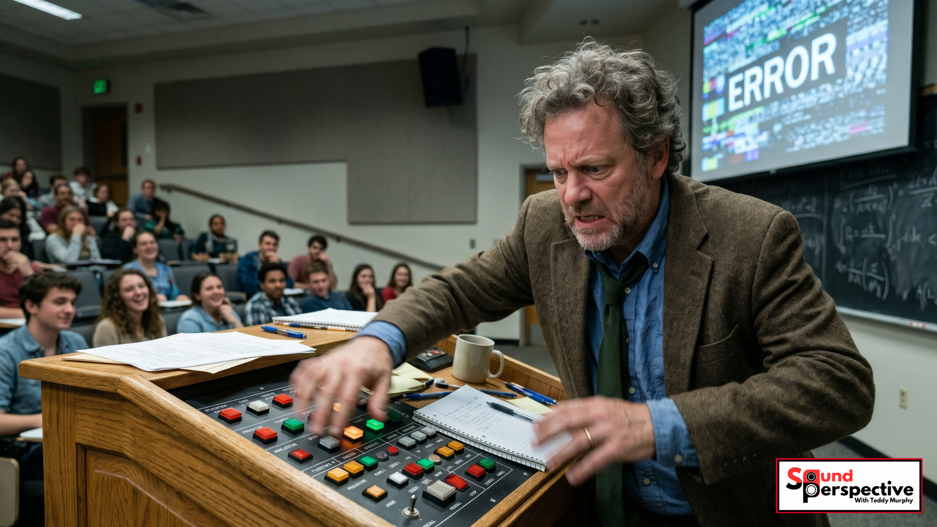 Frantic professor hitting a lot of buttons