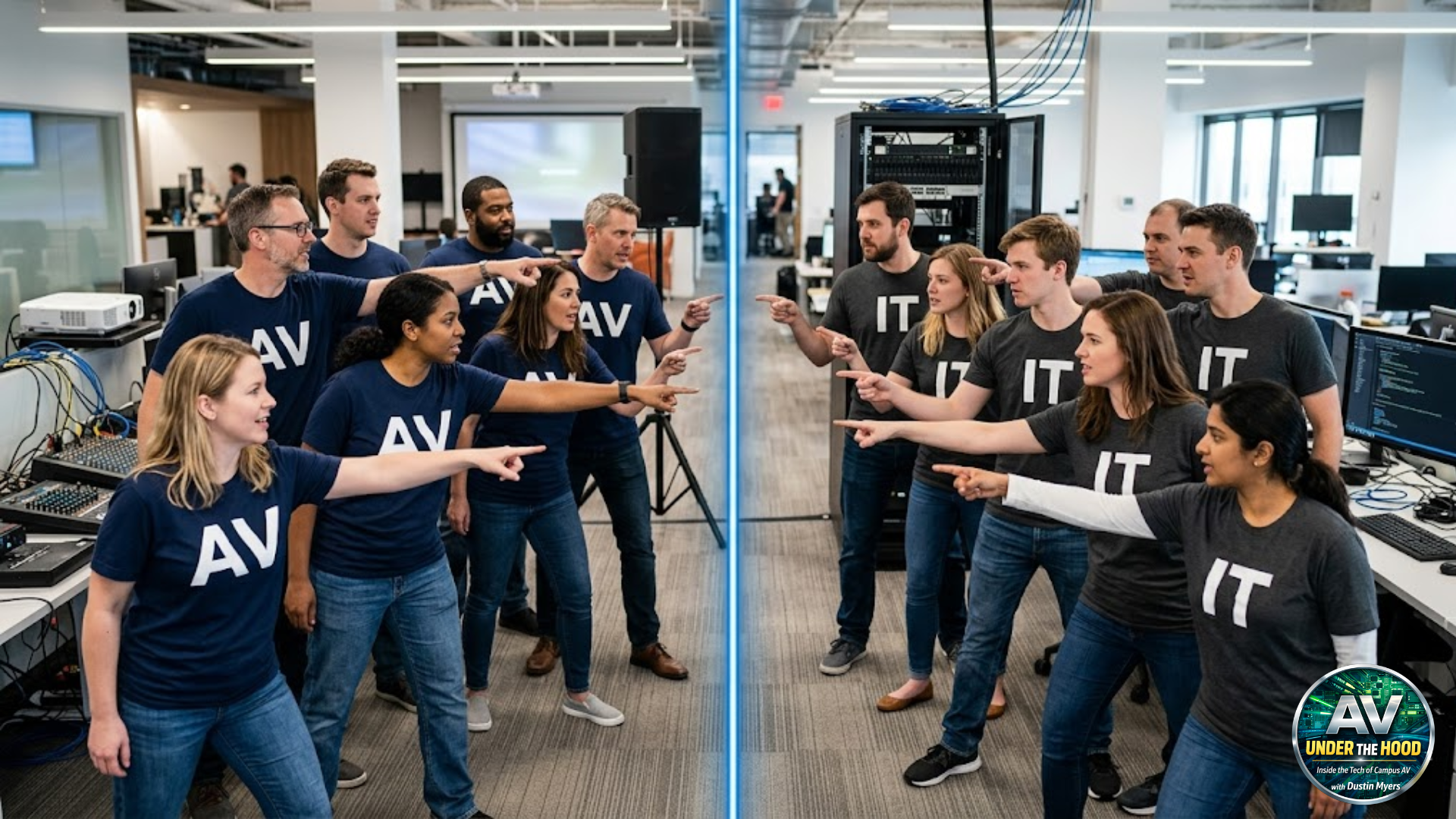 AV and IT people pointing at each other