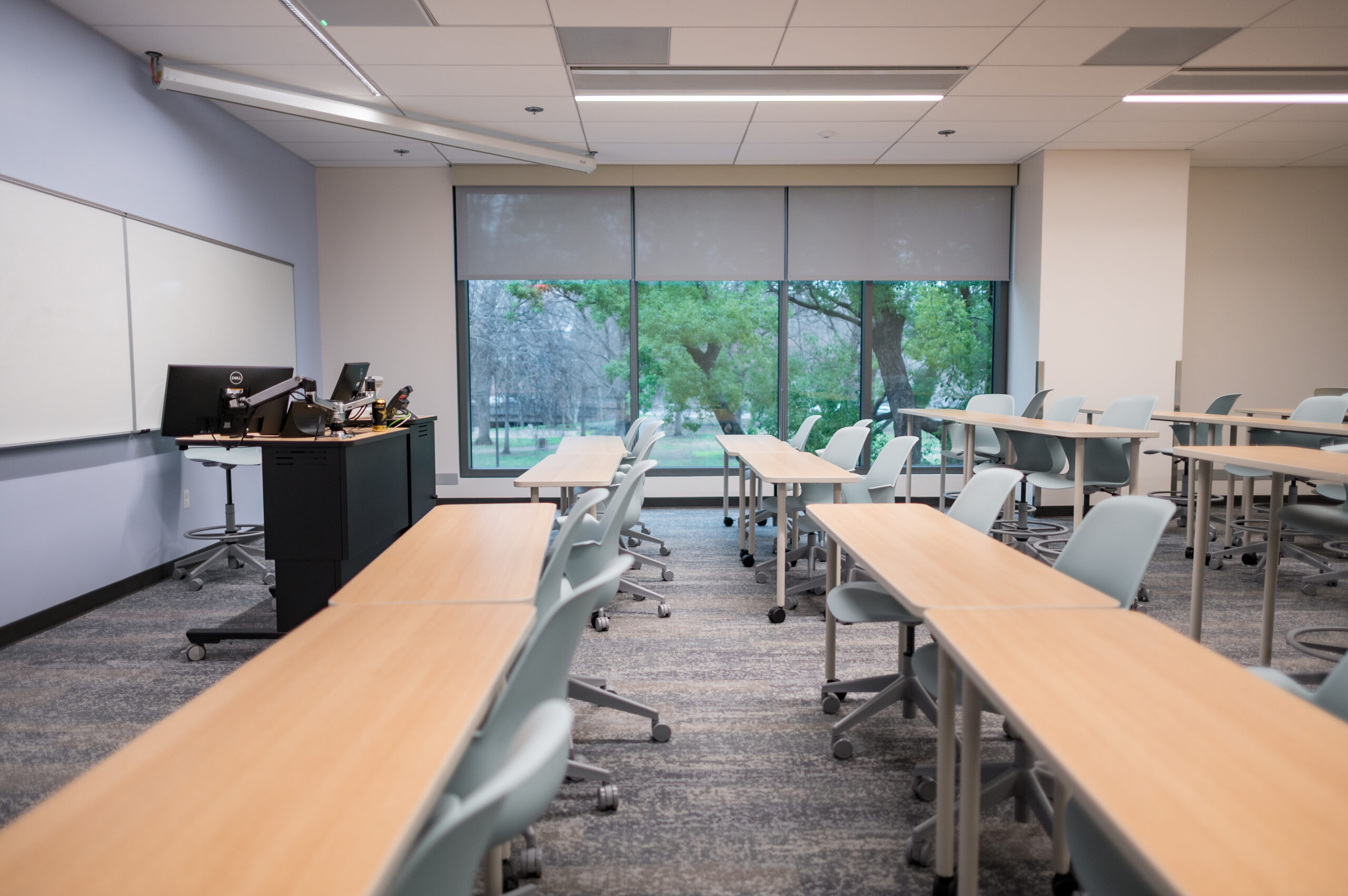 Rows of tables and chairs in class