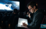 Man in theater reading while a movie plays
