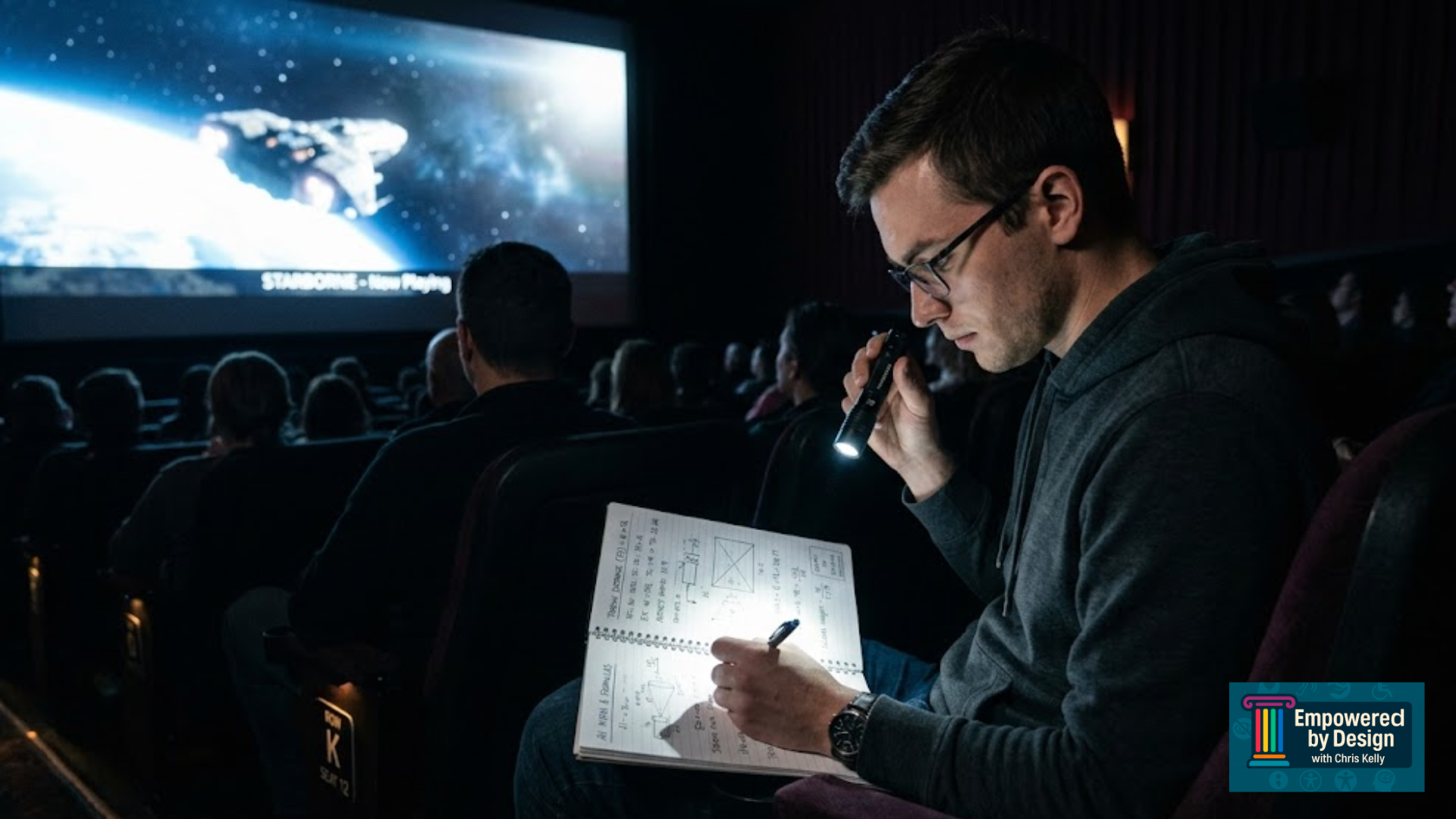 Man in theater reading while a movie plays