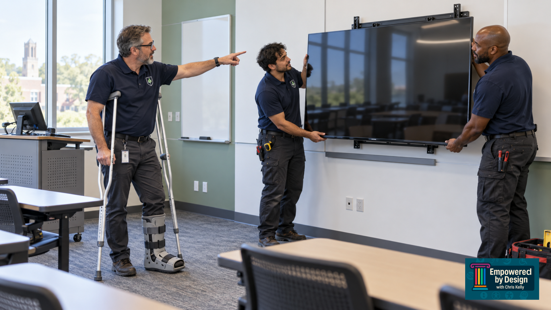 Two people mounting a TV and one directing them with an injured foot